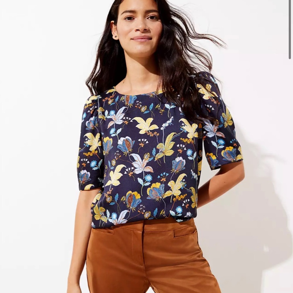 LOFT Puff Sleeve Top Floral Print Size Medium